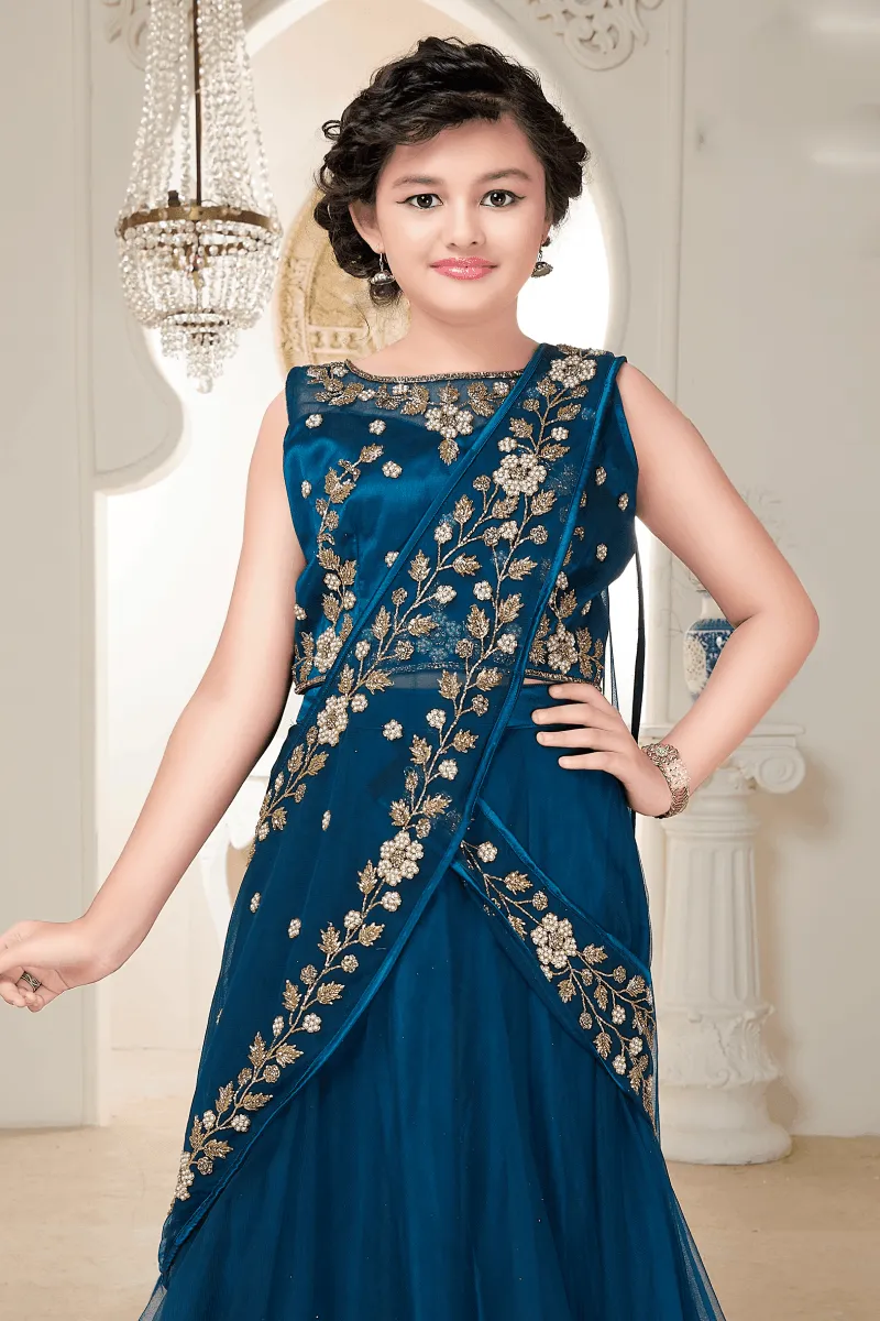 Blue with Stone and Bead work Half Saree Styled Lehenga Choli for Girls