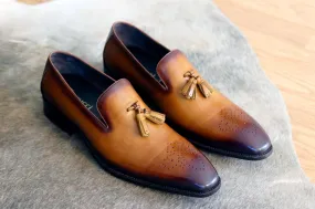 Burnished Calfskin Tasseled Loafer Cognac