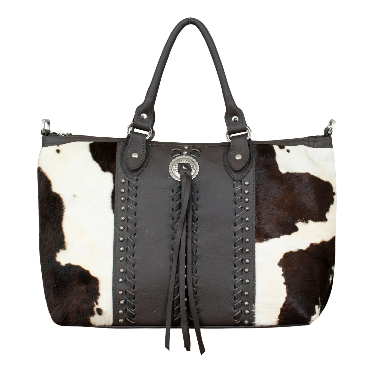 Cow Town Large Zip-Top Convertible Satchel with Secret Compartment - Chocolate and Pony Hair on Hide