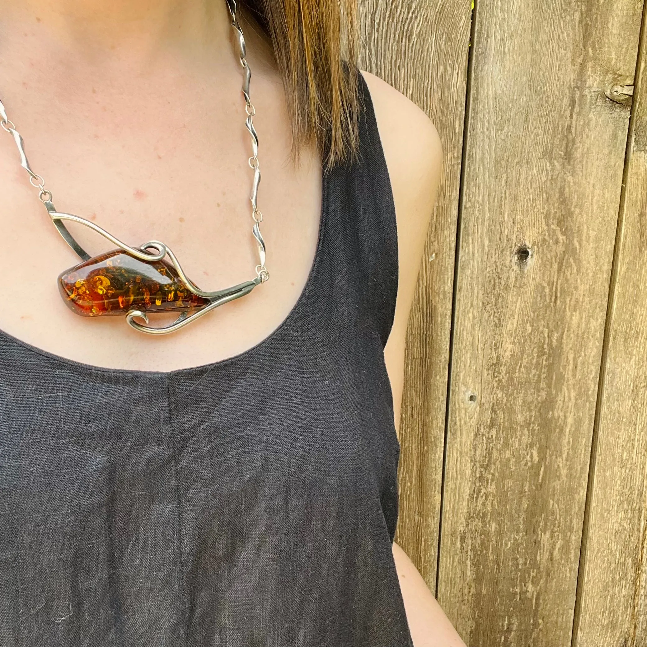 Dramatic Amber & Silver Modernist Necklace