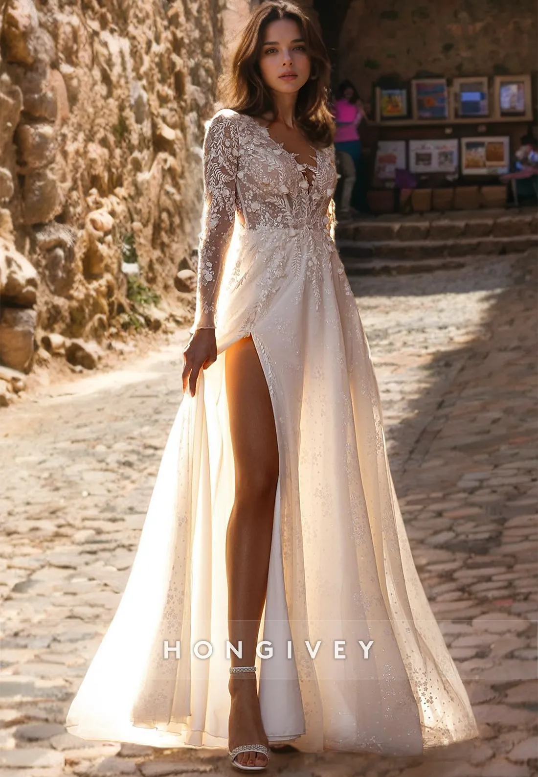 Elegant V-Neck Long Sleeve A-Line Appliques With Side Slit Wedding Dress