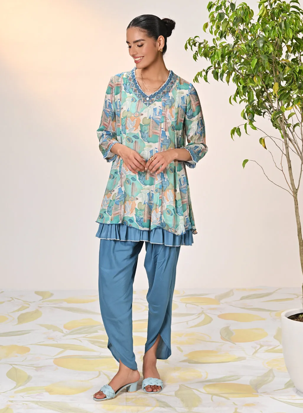 Falak Multicoloured Blue Printed Chiffon Tunic Set for Women