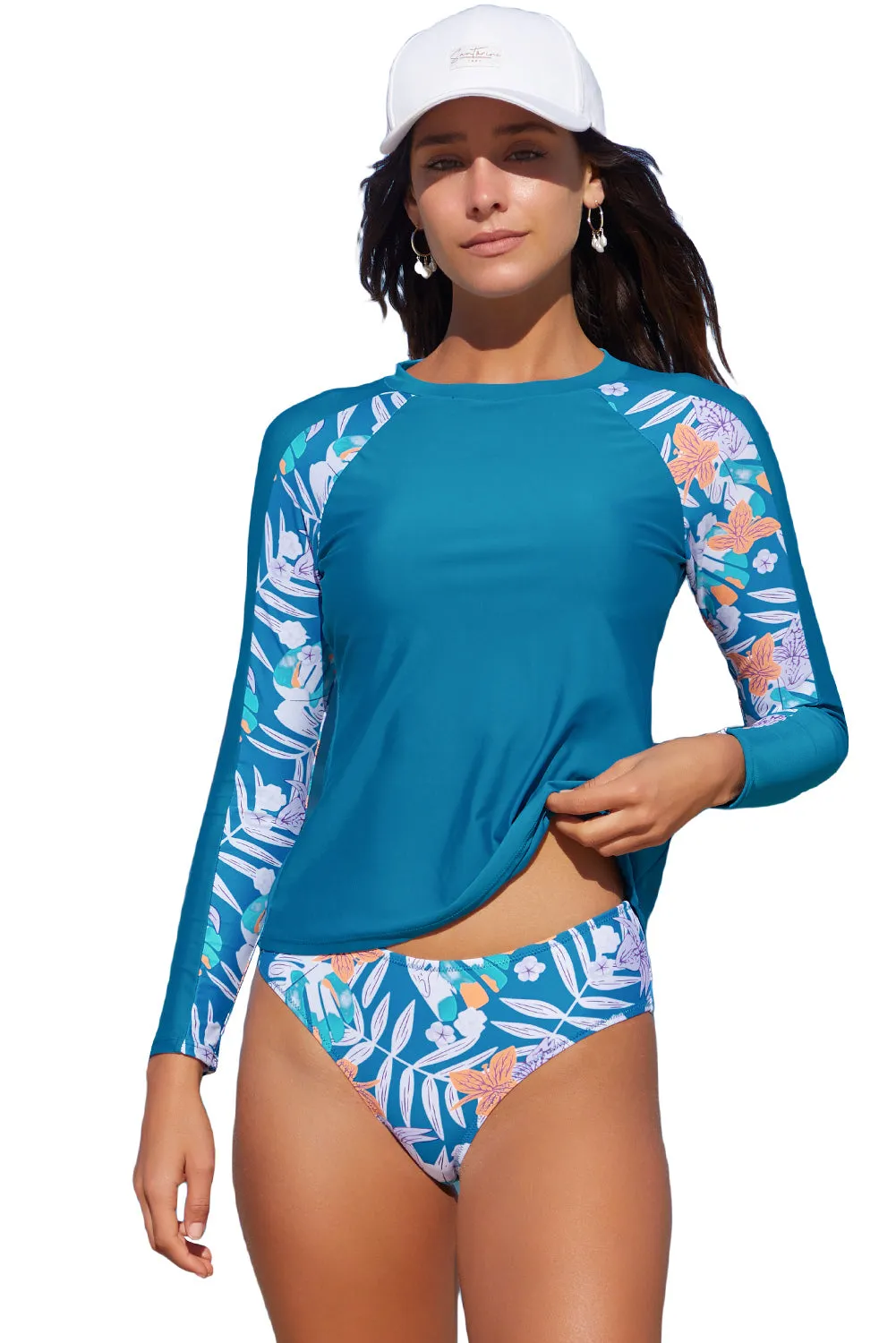 Floral Print Zipper Long Sleeve Surfing Swimwear