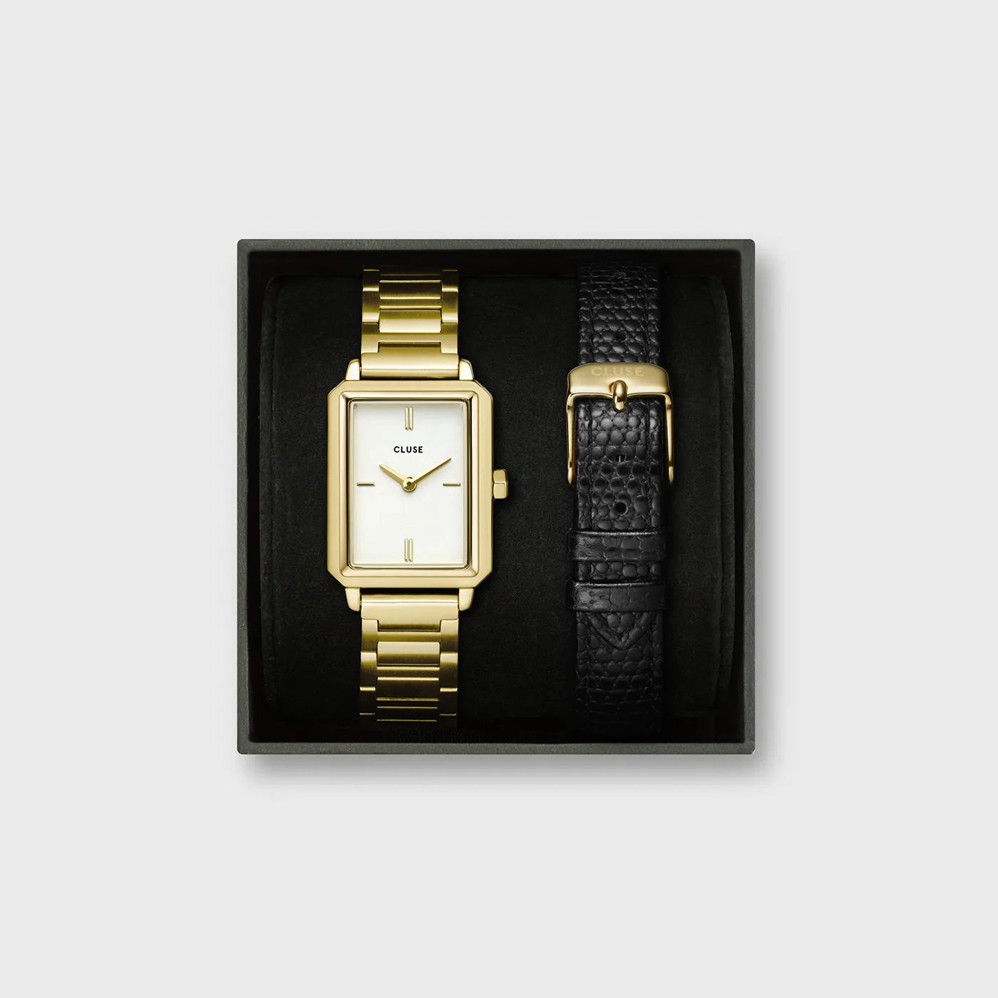 Gift Box Fluette Steel Watch and Black Leather Lizard Strap, Gold Colour