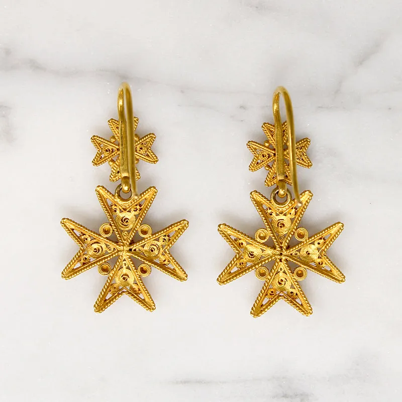 Gorgeous 18ct Cannetille Maltese Cross Earrings