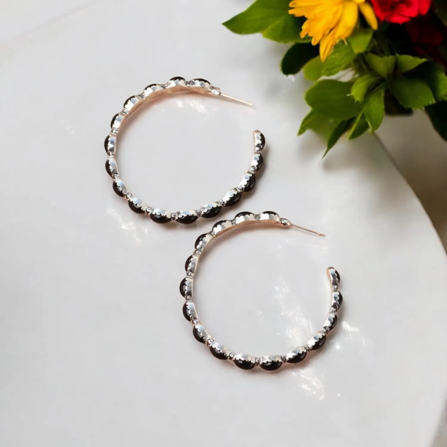 Gorgeous Black and Silver Hoop Earrings