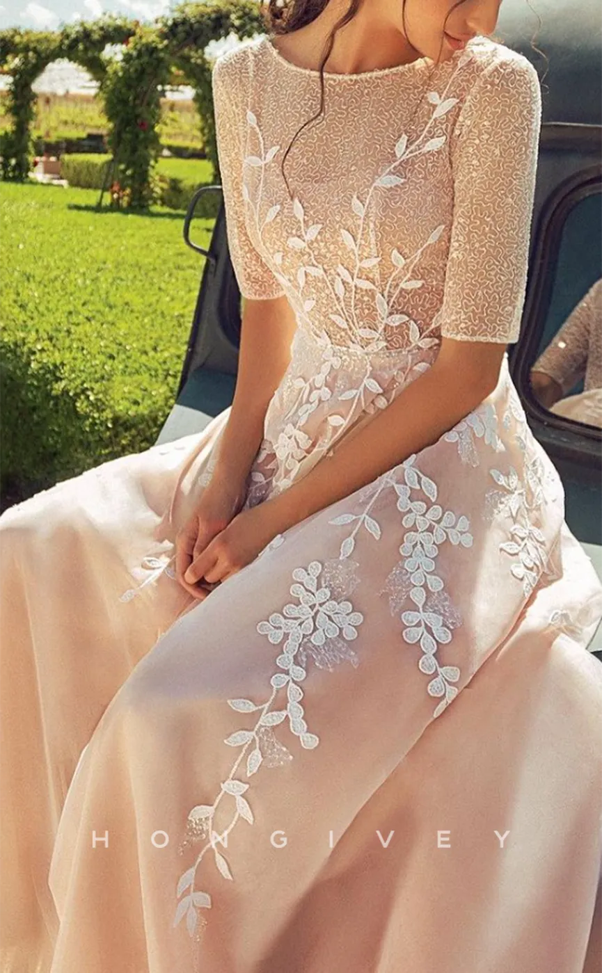 H1222 - Sexy Tulle A-Line Round Half Sleeves Style Empire Appliques Boho Wedding Dress