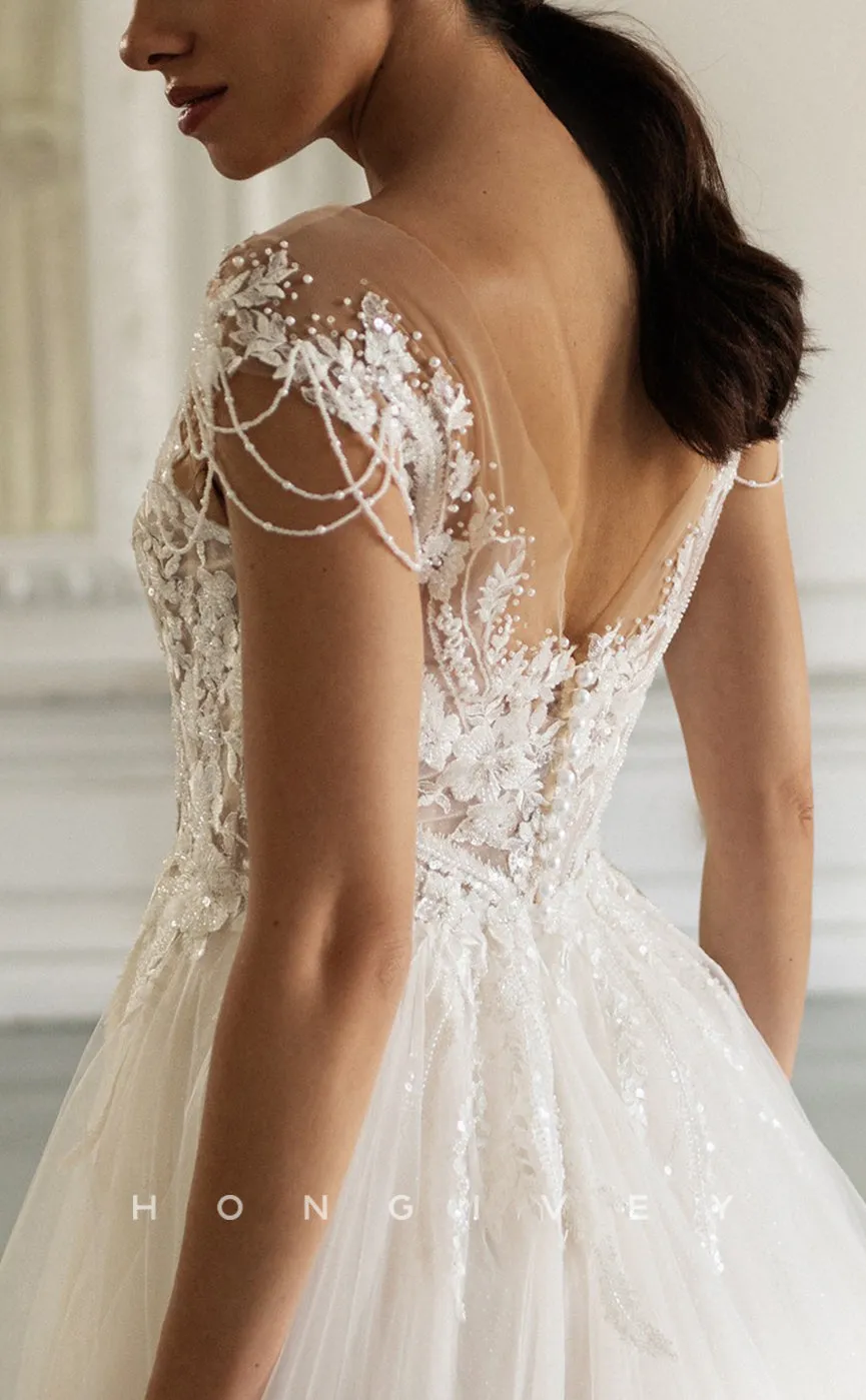 H1300 - Sexy Tulle A-Line Scoop Cap Sleeves Illusion Empire Beaded Appliques With Train Wedding Drerss