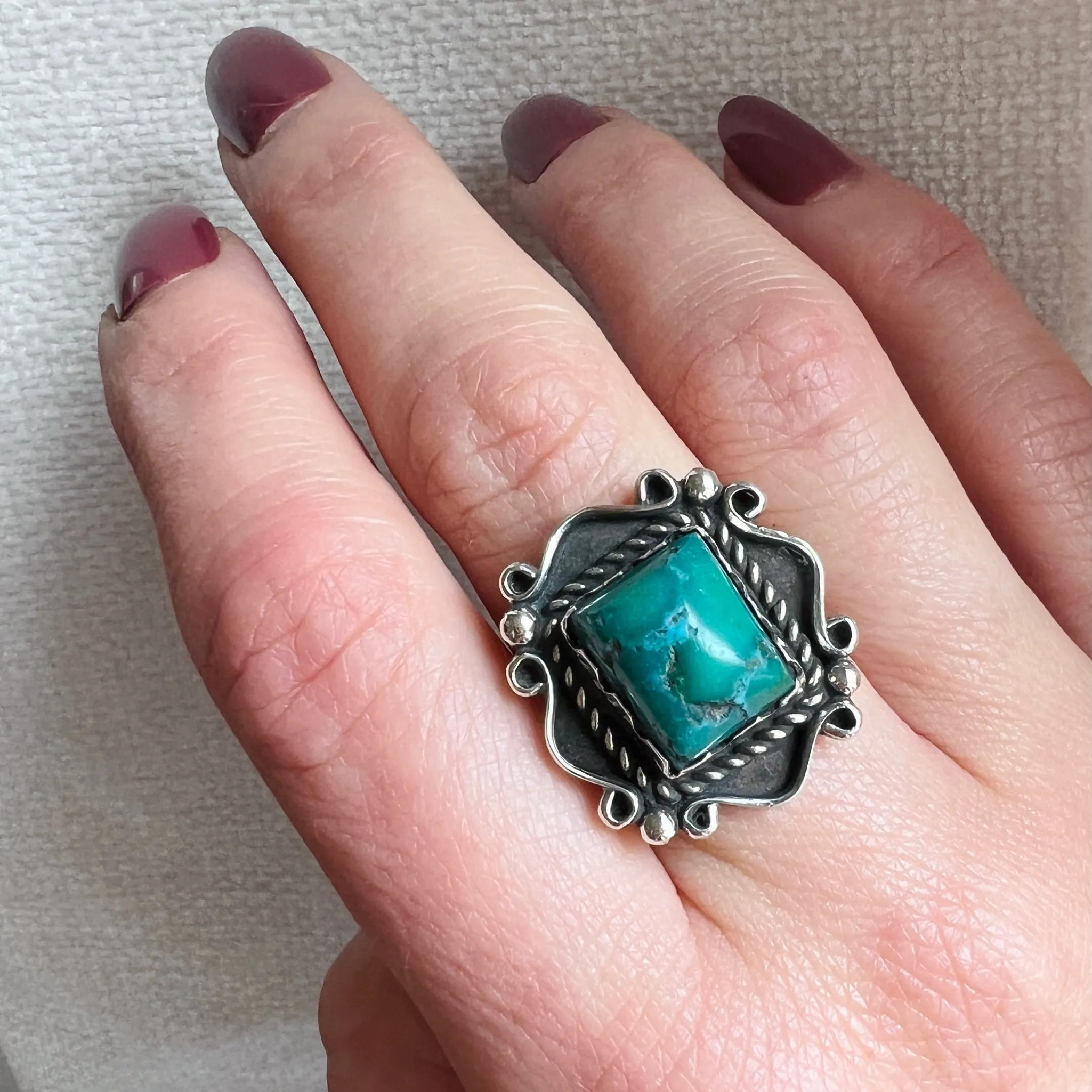 Highly Detailed Turquoise & Sterling Overlay Ring