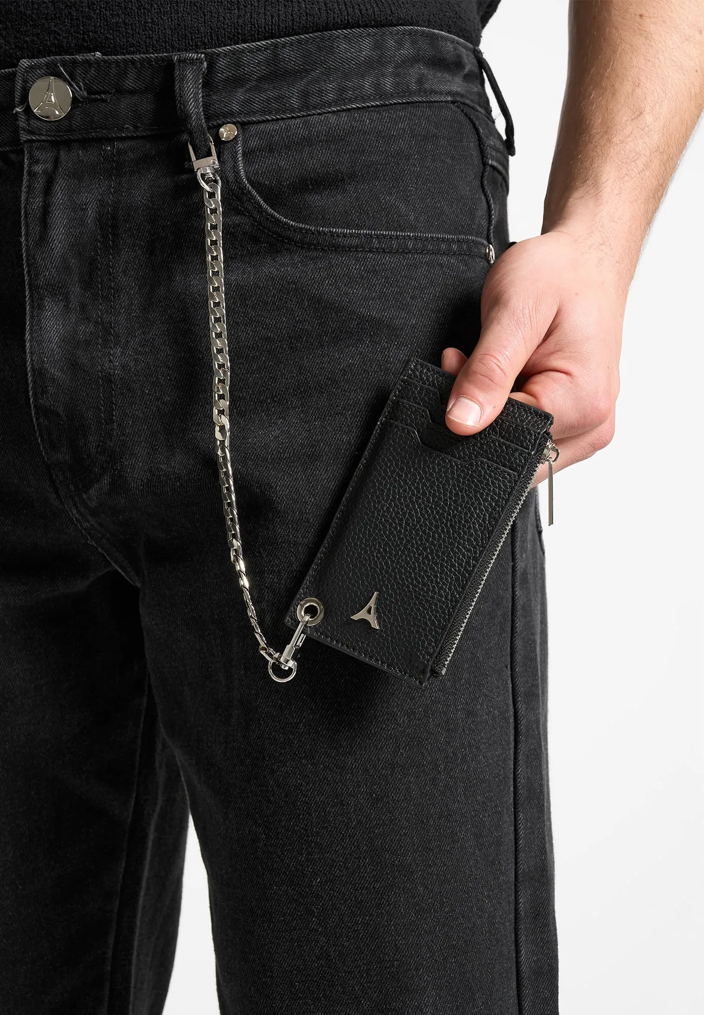 Leather Cardholder with Chain - Black