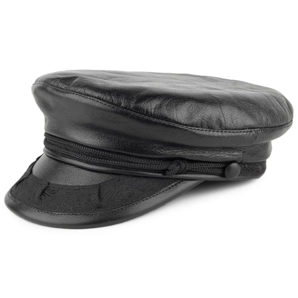 Leather Greek Fisherman Cap - Black