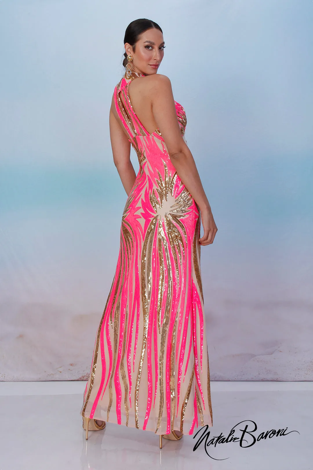 Pink and Gold Sequin Evening Gown - La Scala