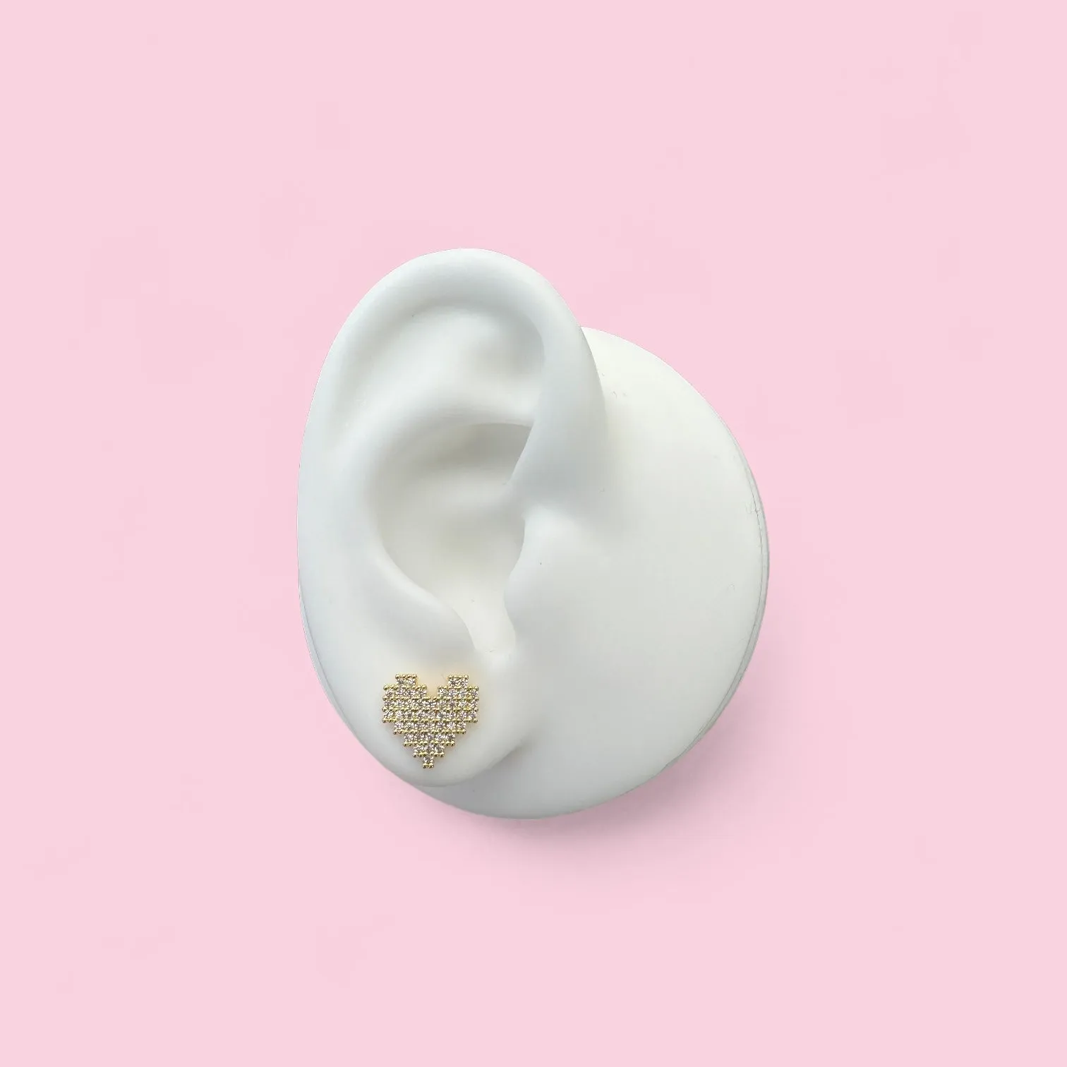 Pixelated Style Heart Stud Earrings - Gold or White Gold