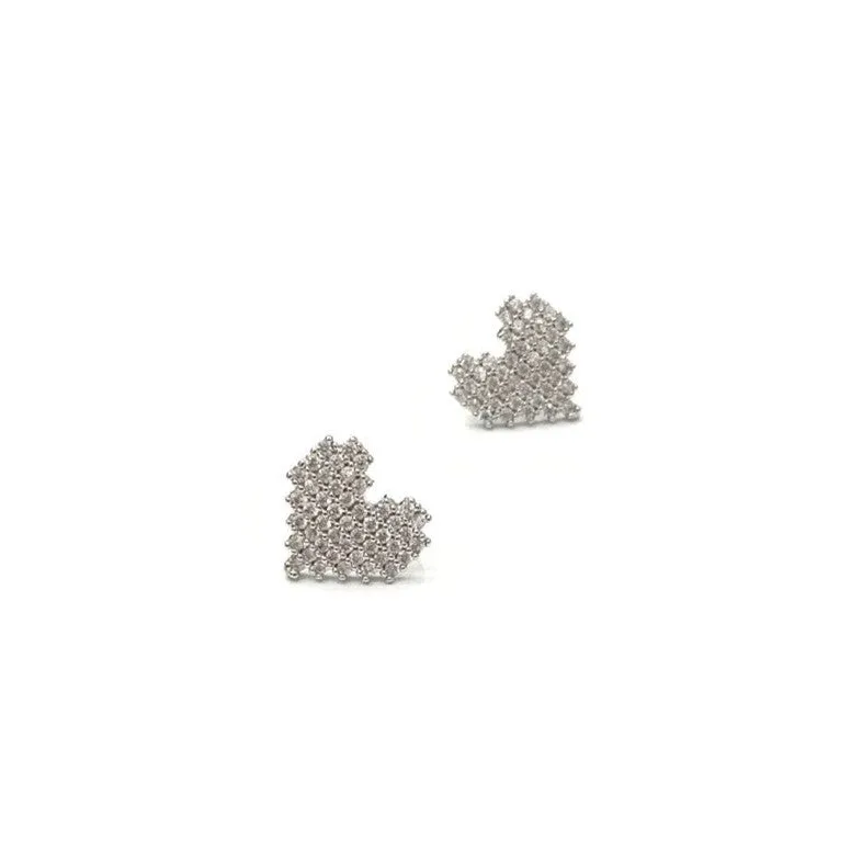 Pixelated Style Heart Stud Earrings - Gold or White Gold