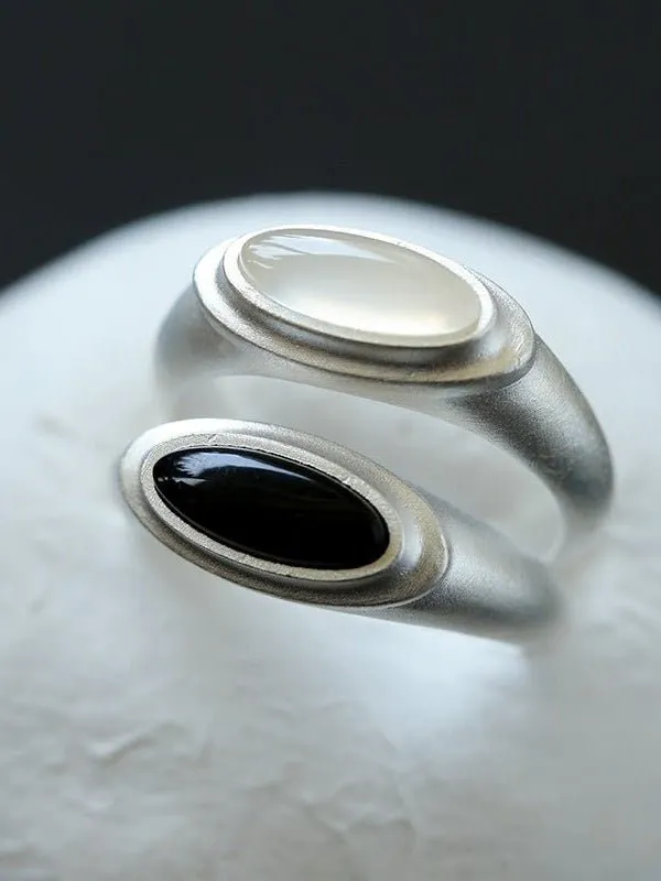 Pure Silver Satellite Ring-White Chalcedony/Black Onyx