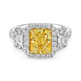 Radiant Cut Fancy Light Yellow Diamond Ring with Halo, 2 CT