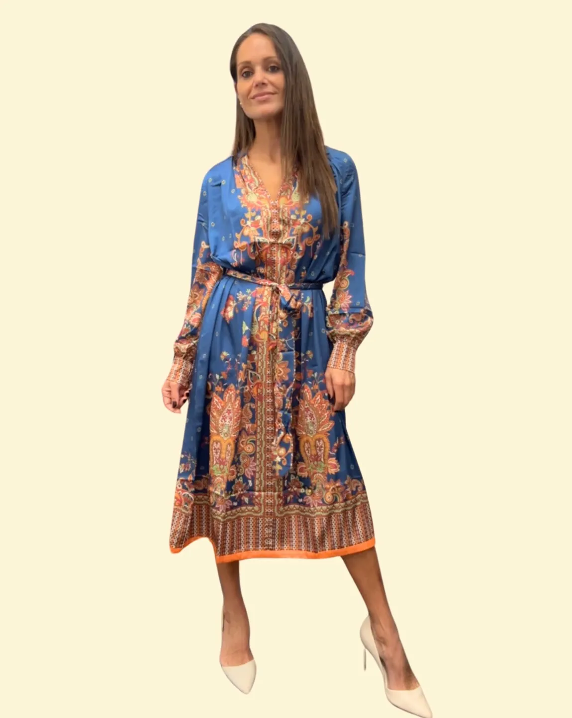 SILKY PAISLEY DRESS WITH BELT