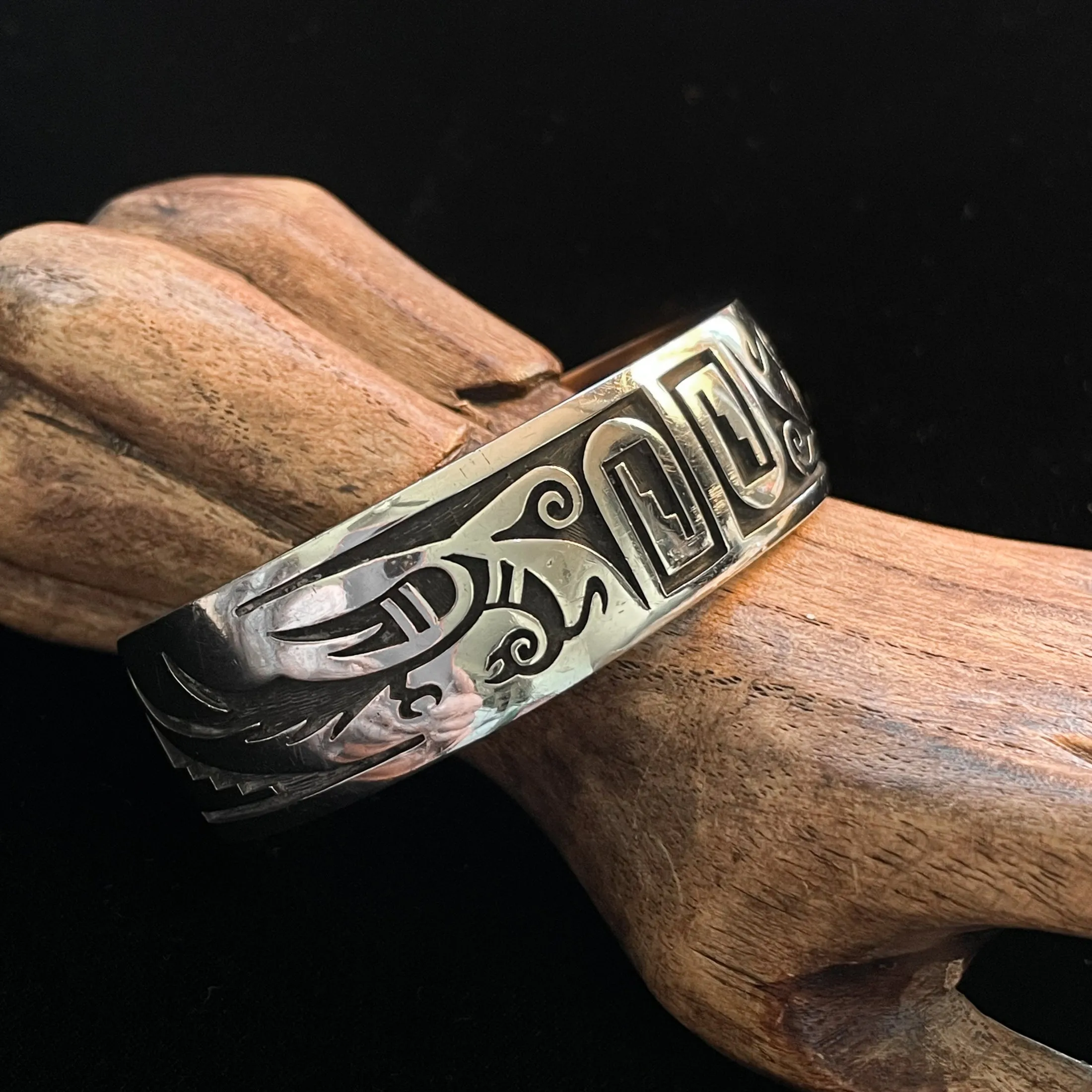 SOLD Vintage Native American Sterling Overlay Bracelet, Hopi Bird Bracelet Signed