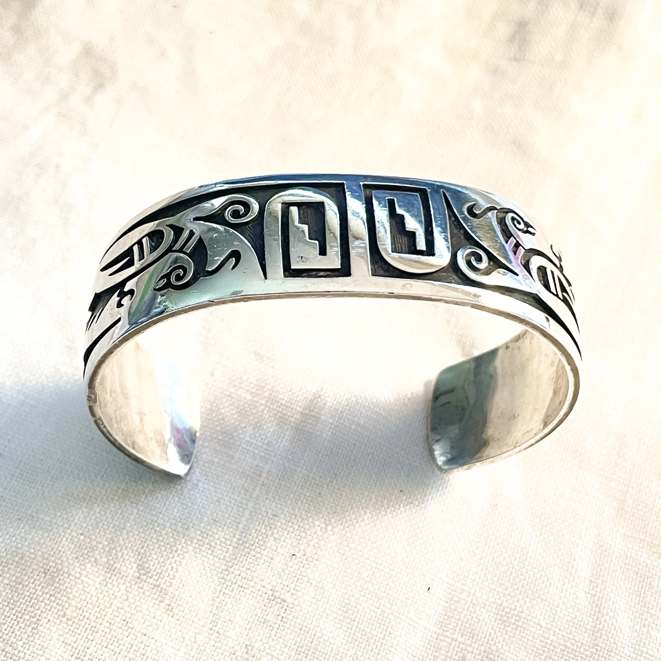 SOLD Vintage Native American Sterling Overlay Bracelet, Hopi Bird Bracelet Signed