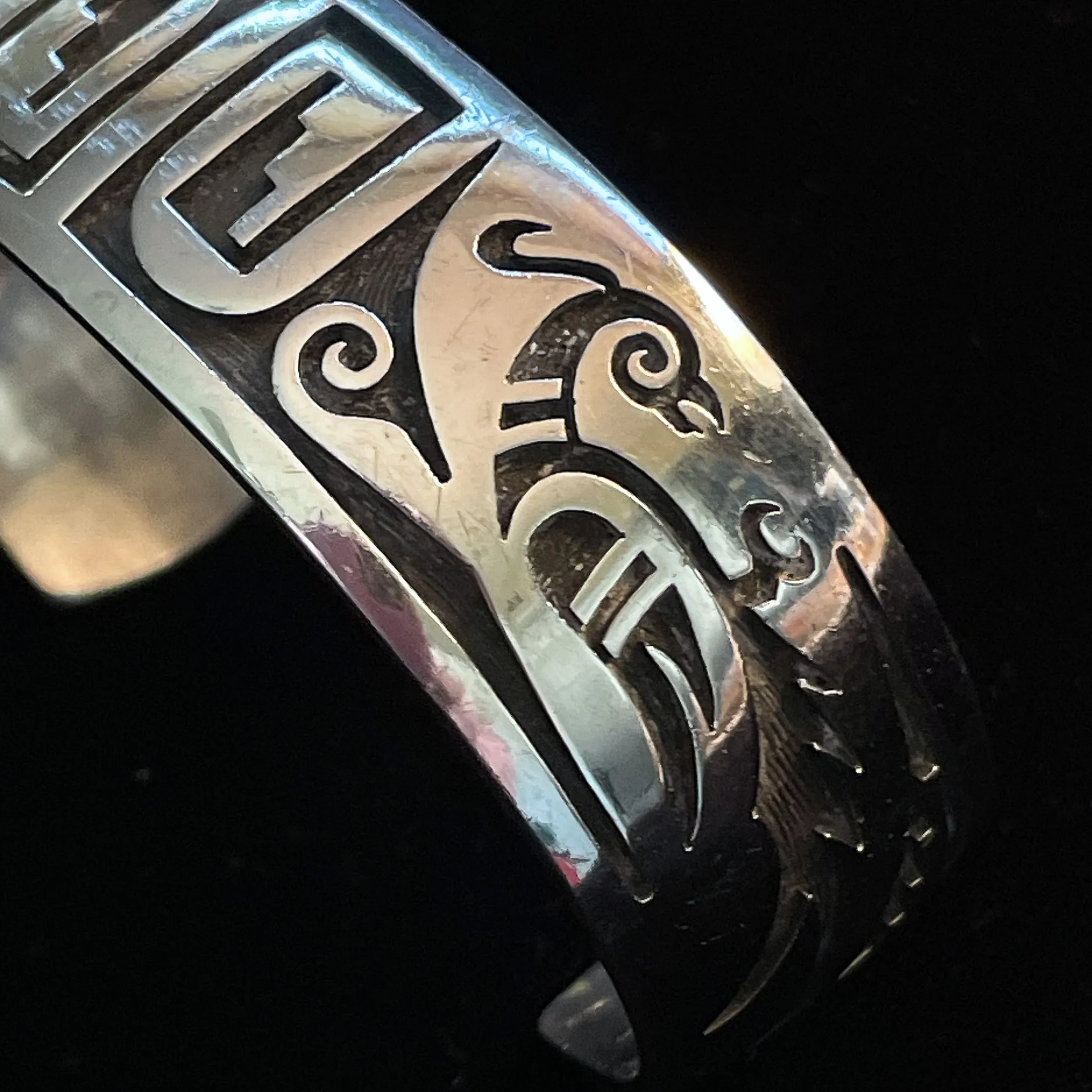 SOLD Vintage Native American Sterling Overlay Bracelet, Hopi Bird Bracelet Signed