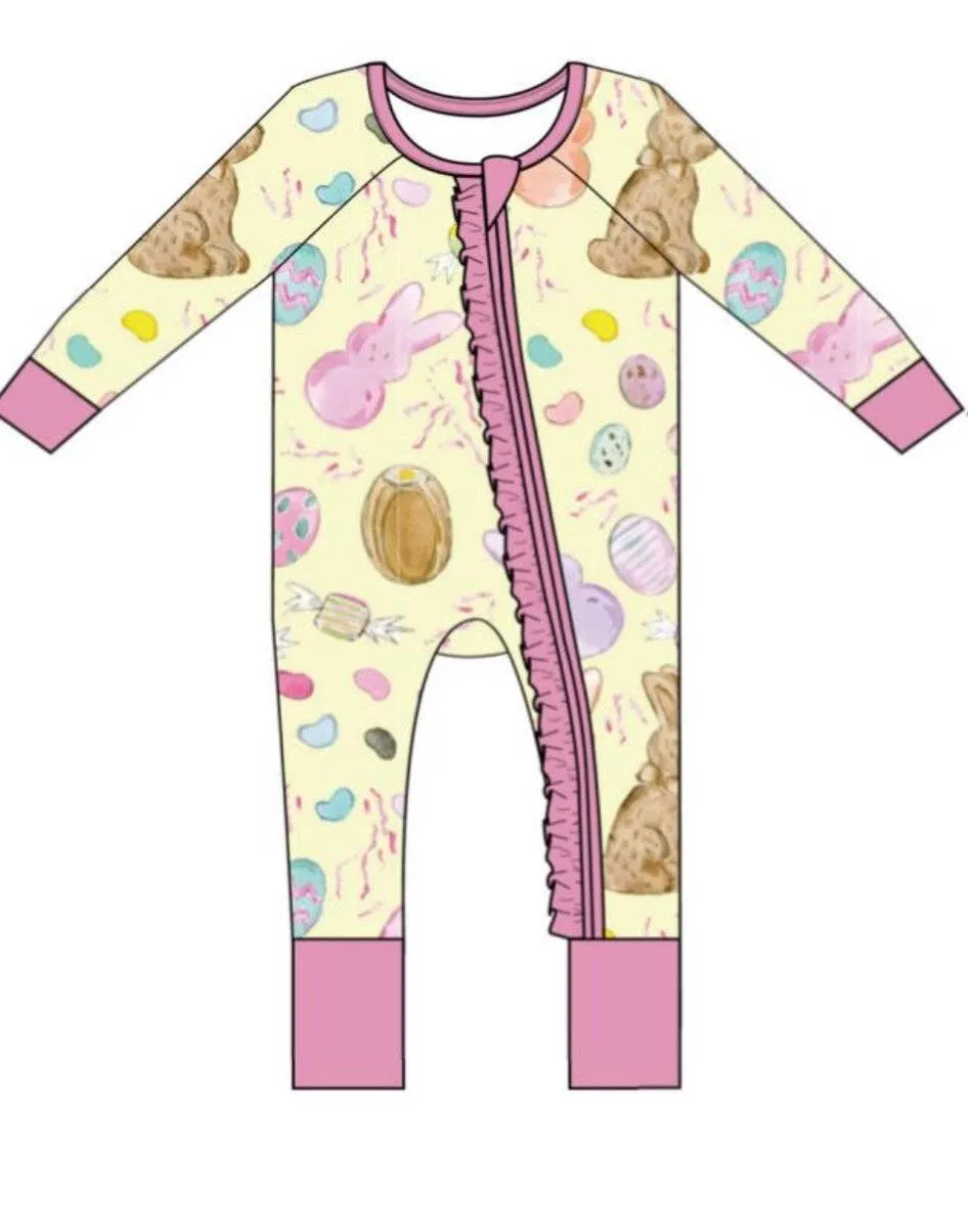 Sweet Bay Clothing - Easter Candy Yellow/Pink Zipper Onesie W/Ruffle