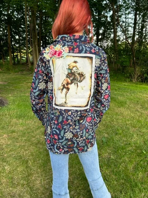 Western style Cowgirl print & patch shirt